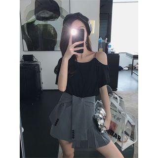 Set: Cold Shoulder Short-sleeve T-shirt + Pleated Panel Mini A-line Skirt