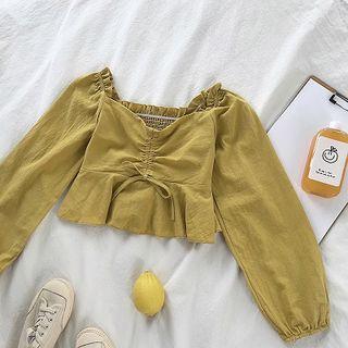 Frilled Off-shoulder Ruffled-trim Lace-up Top