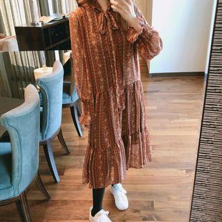 Bow Accent Printed Long-sleeve Midi Dress