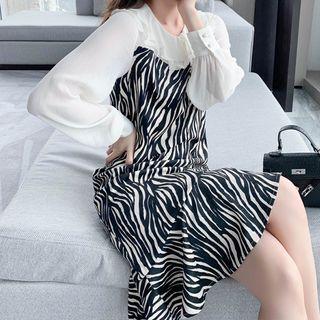 Zebra Long-sleeve Midi A-line Dress