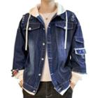 Mock Two-piece Embroidered Hooded Distressed Denim Jacket