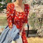 Square-neck Shired-sleeve Long Floral Dress