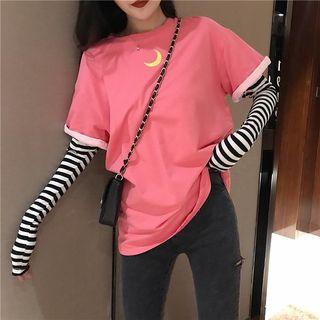 Crescent Print Long-sleeve Mock Two-piece T-shirt Rose Pink - One Size