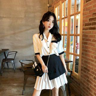 Set: Short-sleeve Pleated Dress + Mini Skirt