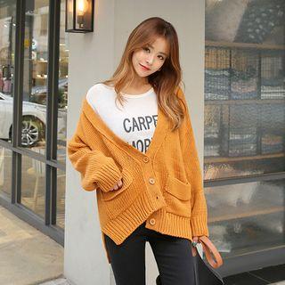 V-neck Drop-shoulder Buttoned Cardigan