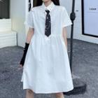 Set: Short-sleeve Henley Shirtdress + Chain Detail Tie