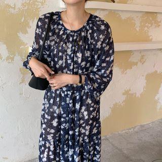 Floral Print Lantern-sleeve Midi A-line Dress Blue - One Size
