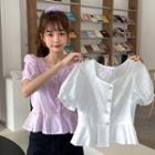 Perforated Short Sleeve V-neck Blouse