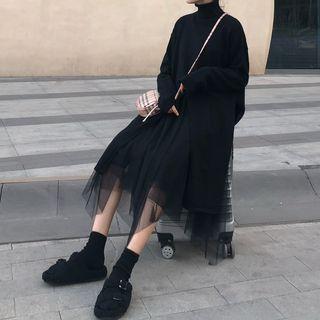 Slit-hem High Neck Top / Asymmetric Mesh Skirt