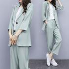 Set: Single-breasted 3/4-sleeve Blazer + Cropped Straight-fit Pants