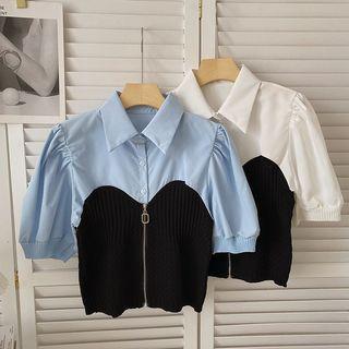 Short-sleeve Mock Two-piece Zipper Top