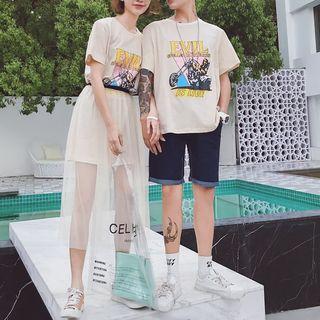Couple Matching Printed Short Sleeve T-shirt / Set: Printed Short Sleeve T-shirt Dress + Mesh Skirt