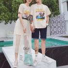 Couple Matching Printed Short Sleeve T-shirt / Set: Printed Short Sleeve T-shirt Dress + Mesh Skirt