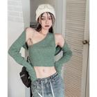 Set: Long-sleeve Shawl + Sleeveless One-shoulder Top Green - One Size