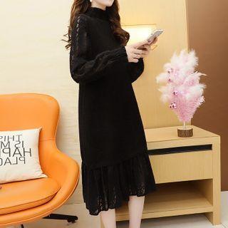 Long-sleeve Ruffle Hem Lace Midi A-line Dress