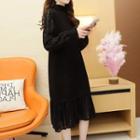 Long-sleeve Ruffle Hem Lace Midi A-line Dress