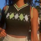 V-neck Check Cropped Knit Vest/top