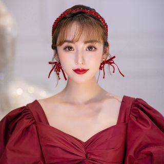 Set: Bow Faux Crystal Wedding Headband + Fringed Earring Wedding Headband & Fringed Earring - Red - One Size