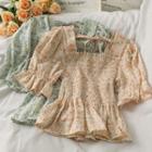 Floral Ruffled-trim Smocked Crop Top