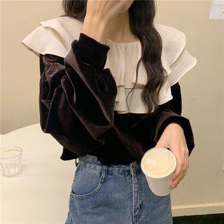 Lantern-sleeve Collared Velvet Blouse Black - One Size