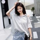 Lace Panel Striped Elbow-sleeve Blouse
