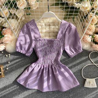 Square-neck Plaid Puff-sleeve Ruffle Top