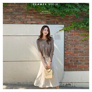 Zip-closure Linen Flare Skirt