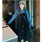 Long-sleeve Mock-neck Knit Top / Button Detail Pinafore Dress