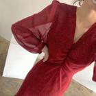 Dotted Long-sleeve Ruffle-hem Chiffon Midi Dress