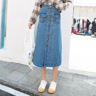 High-waist Button Denim Midi A-line Skirt