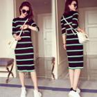 Elbow-sleeve Multi-color Knit Midi Sheath Dress