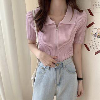 Collared Short-sleeve Cropped Zip Cardigan