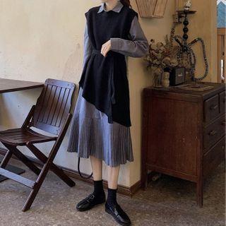 Set: Asymmetric Hem Knit Vest + Pleated Long Sleeve Shirtdress