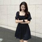 Dot Square-neck Puff-sleeve Dress Black - One Size