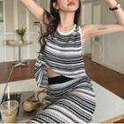 Set: Striped Knit Tank Top + Midi Pencil Skirt Set Of 2 - Tank Top & Skirt - Black & White - One Size