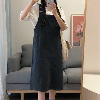 Elbow-sleeve T-shirt / Denim Midi A-line Overall Dress / Set