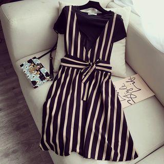 Set: Short-sleeve T-shirt + Striped Pinafore Dress