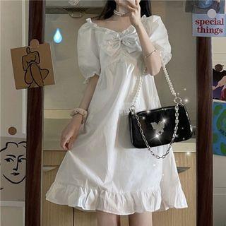 Puff-sleeve Bow-front Frill Trim A-line Dress