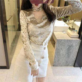 Turtleneck Mesh Panel Long-sleeve Velvet Top