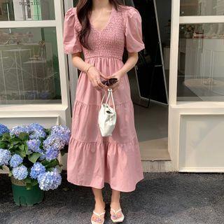 Puff-sleeve V-neck Midi A-line Smock Dress