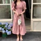 Puff-sleeve V-neck Midi A-line Smock Dress