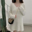 V-neck Furry Sweater Dress White - One Size