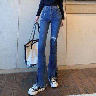 Midi Waist Distressed Bootcut Jeans