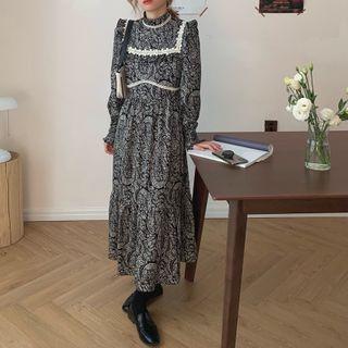Long-sleeve Lace-trim Mock Neck Floral Dress Black - One Size