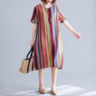 Striped Short-sleeve Midi Shift Dress As Shown In Figure - One Size