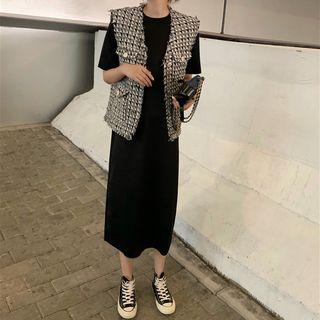Short-sleeve Midi T-shirt Dress / Patterned Tweed Buttoned Vest