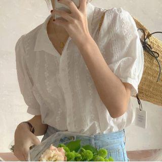 Puff-sleeve Dots Blouse / Puff-sleeve Embroidered Striped Blouse