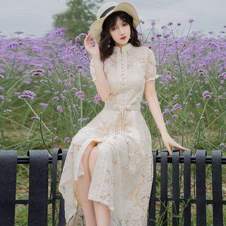 Short-sleeve Tie-waist Midi A-line Lace Dress