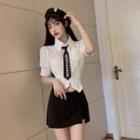 Puff-sleeve Cropped Blouse With Necktie / Mini Pencil Skort