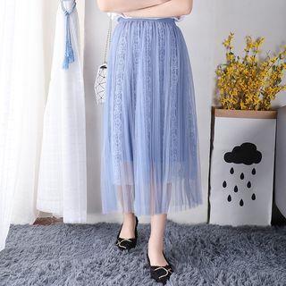Embroidered Mesh Maxi A-line Skirt